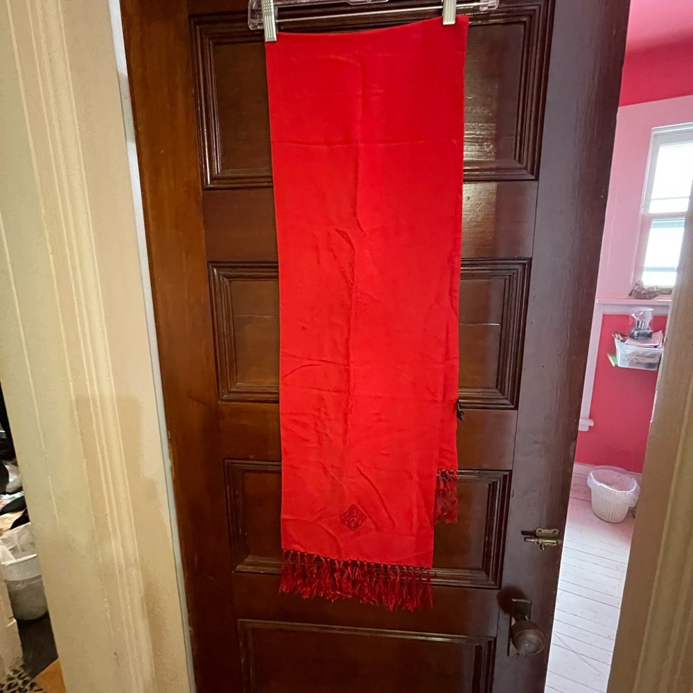 Ralph Lauren Bold Red silk scarf w monogram and fringe